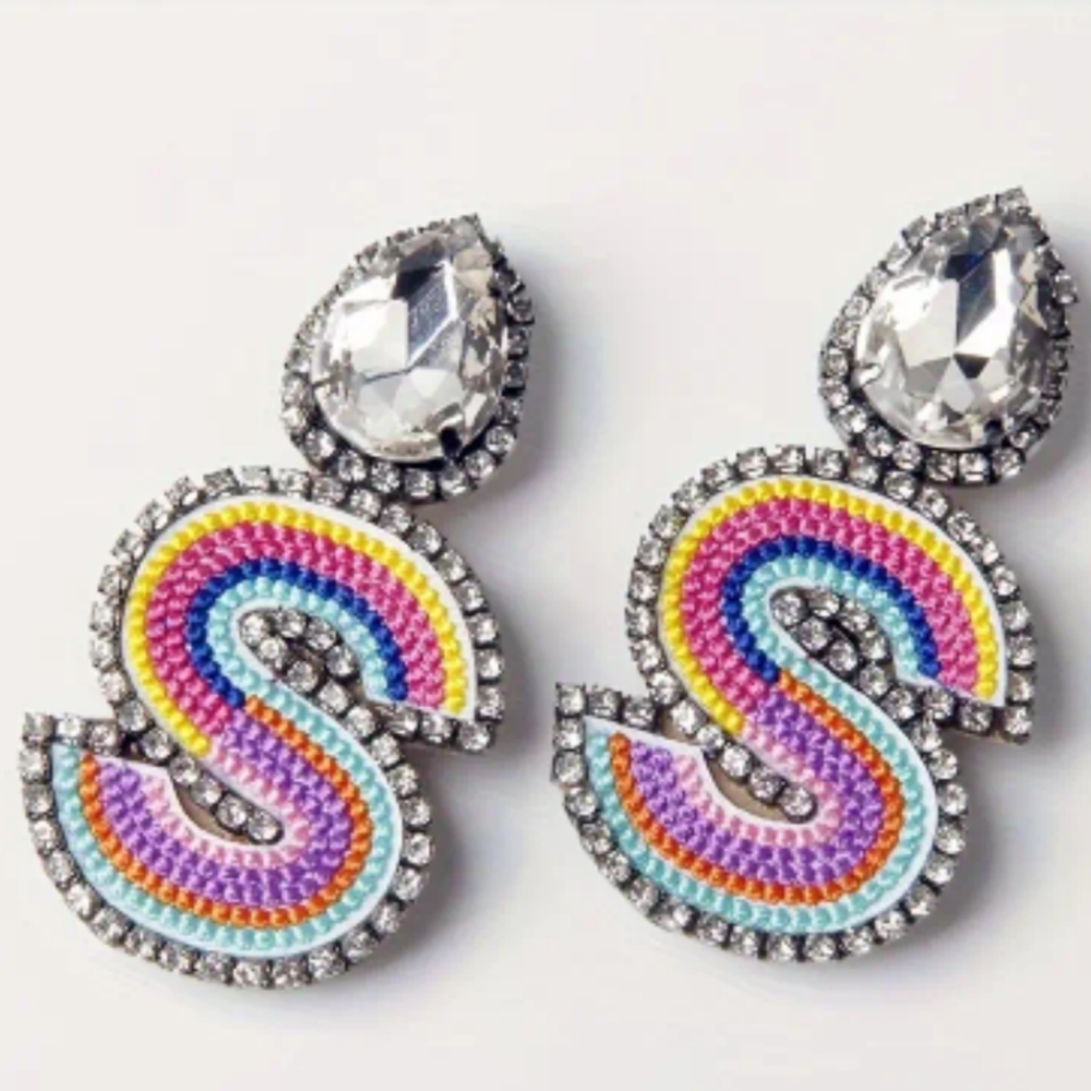 Exquisite Initial English Letter Design Clip On Earrings Embellished With Colorf